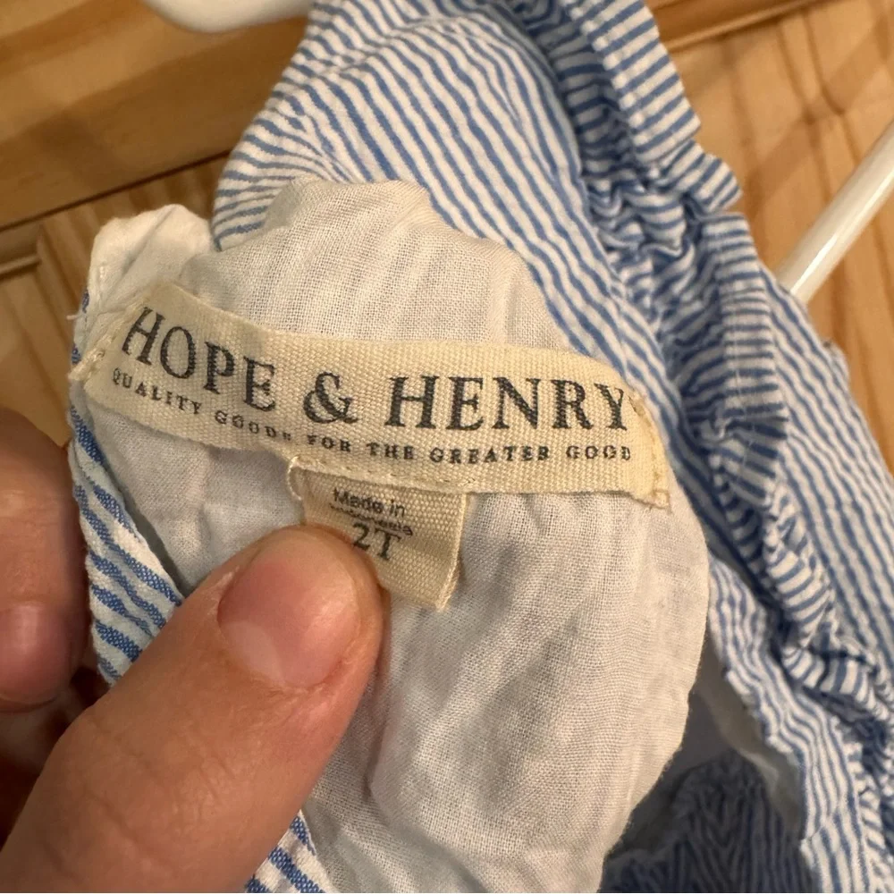 Hope & Henry Girl Blue White Seersucker Ruffle Open Back Organic Cotton Dress 2T
